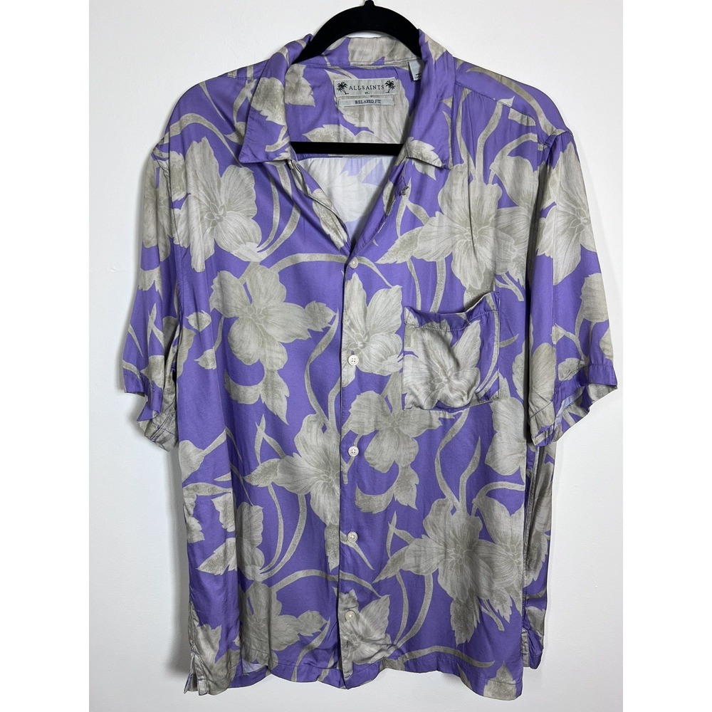 AllSaints Dustlands Shirt Mens XL Purple Floral Hawaiian Camp Collar ECOVERO